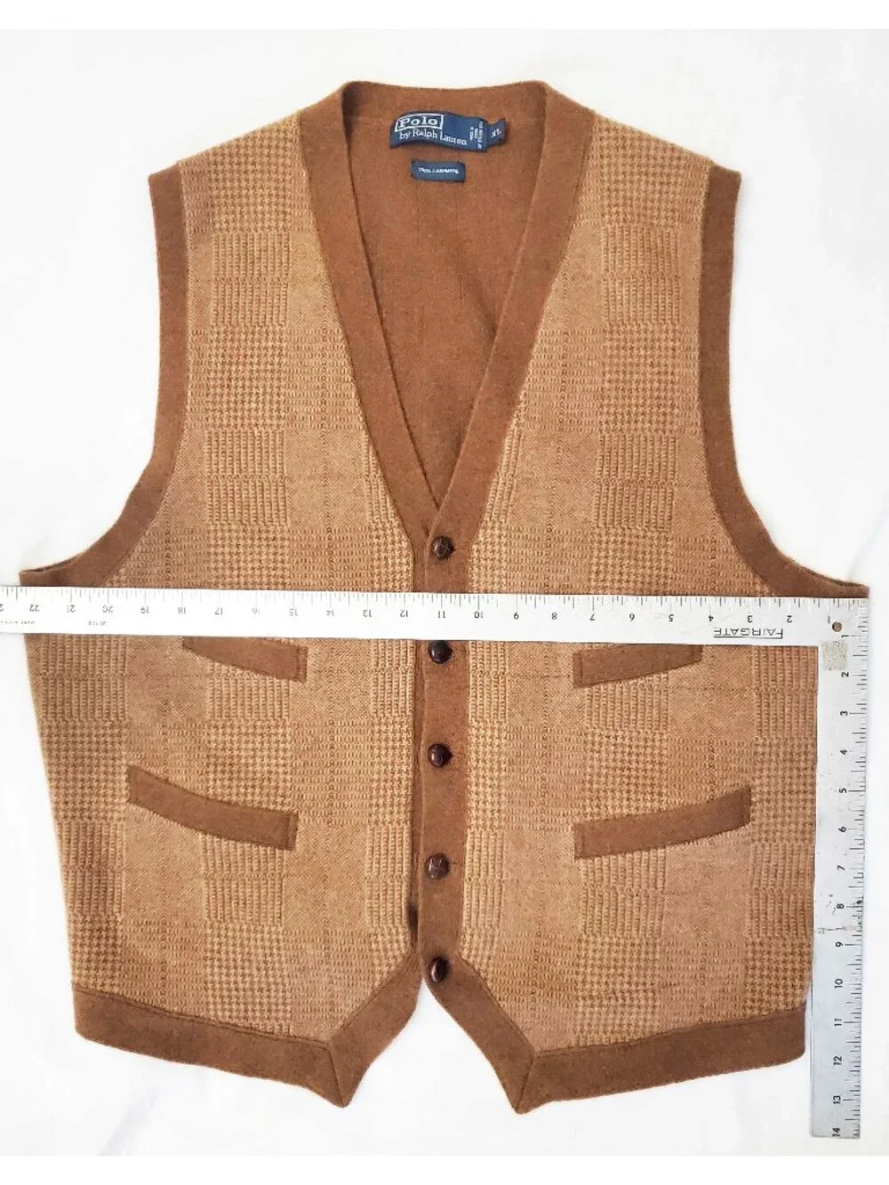 VTG Polo Ralph Lauren Men's Brown Knit Waistcoat Vest Glen Plaid 100% Cashmere